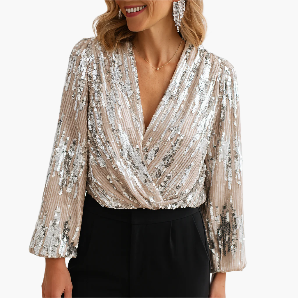 Ladies Sequin Blouse Luxury Party Chic Slim Fit V-Neck Top