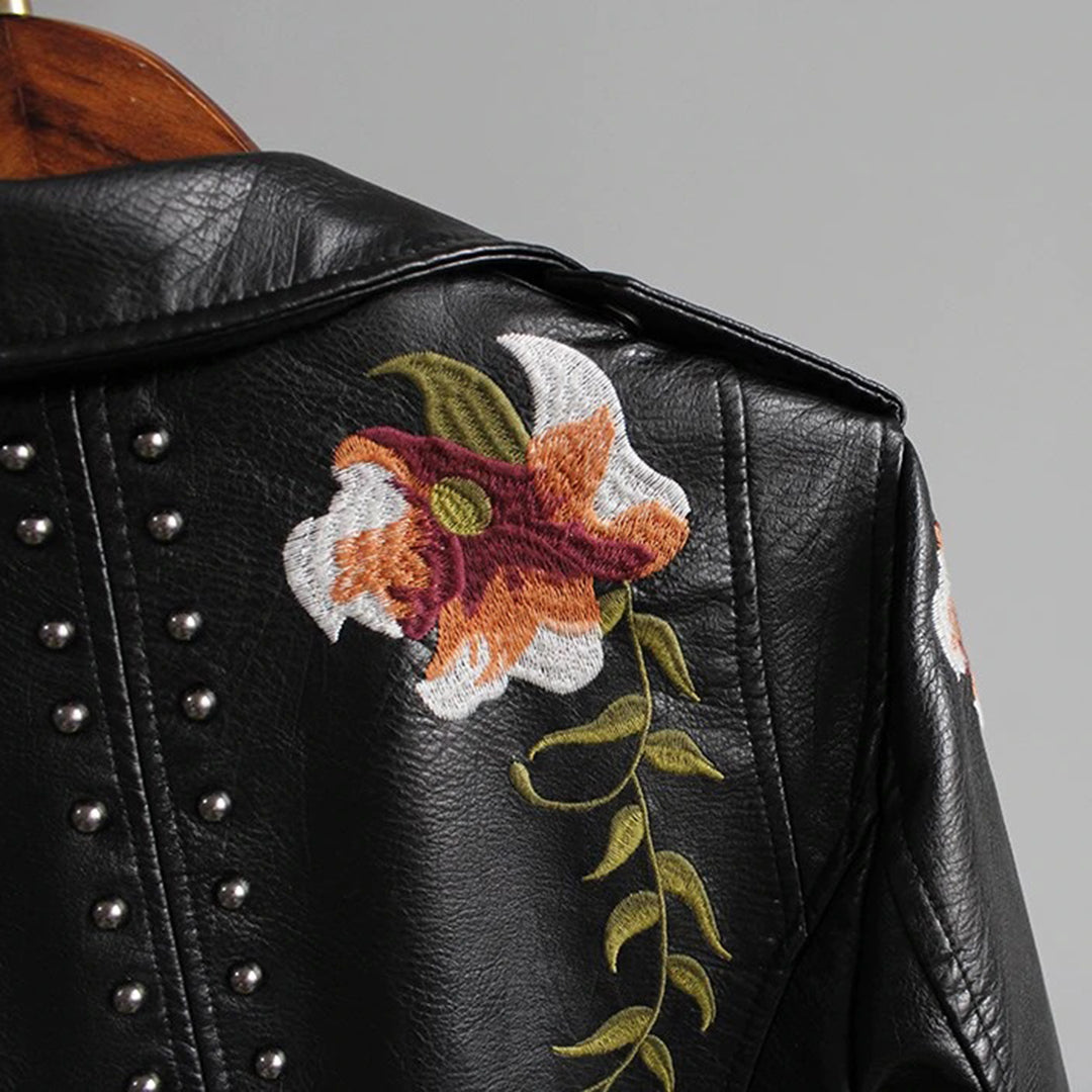 Women's Embroidered Motorcycle Jacket with Flowers – Stylish and Trendy Spring Summer