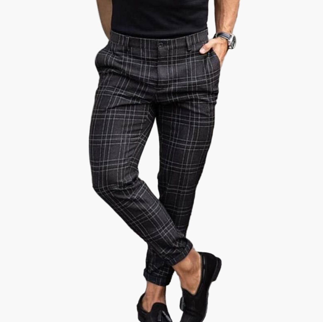 Men's Chino Pants with Stretch and Check Pattern – Modern Slim Fit for Casual and Business