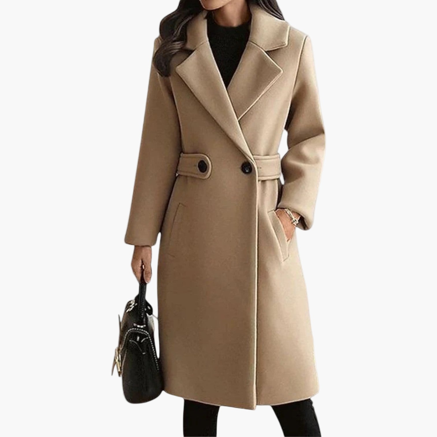 Women's Elegant Winter Coat Wool Blend with Narrow Belt – Stylish Long Coat for Business and Casual