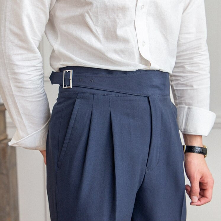 Men's High Waist Custom Pants – Classic Pleated Trousers with Buckle Closure, Business and Formal Style