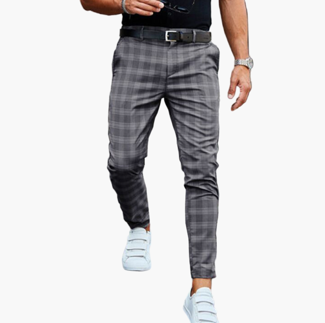 Men's Chino Pants with Stretch and Check Pattern – Modern Slim Fit for Casual and Business