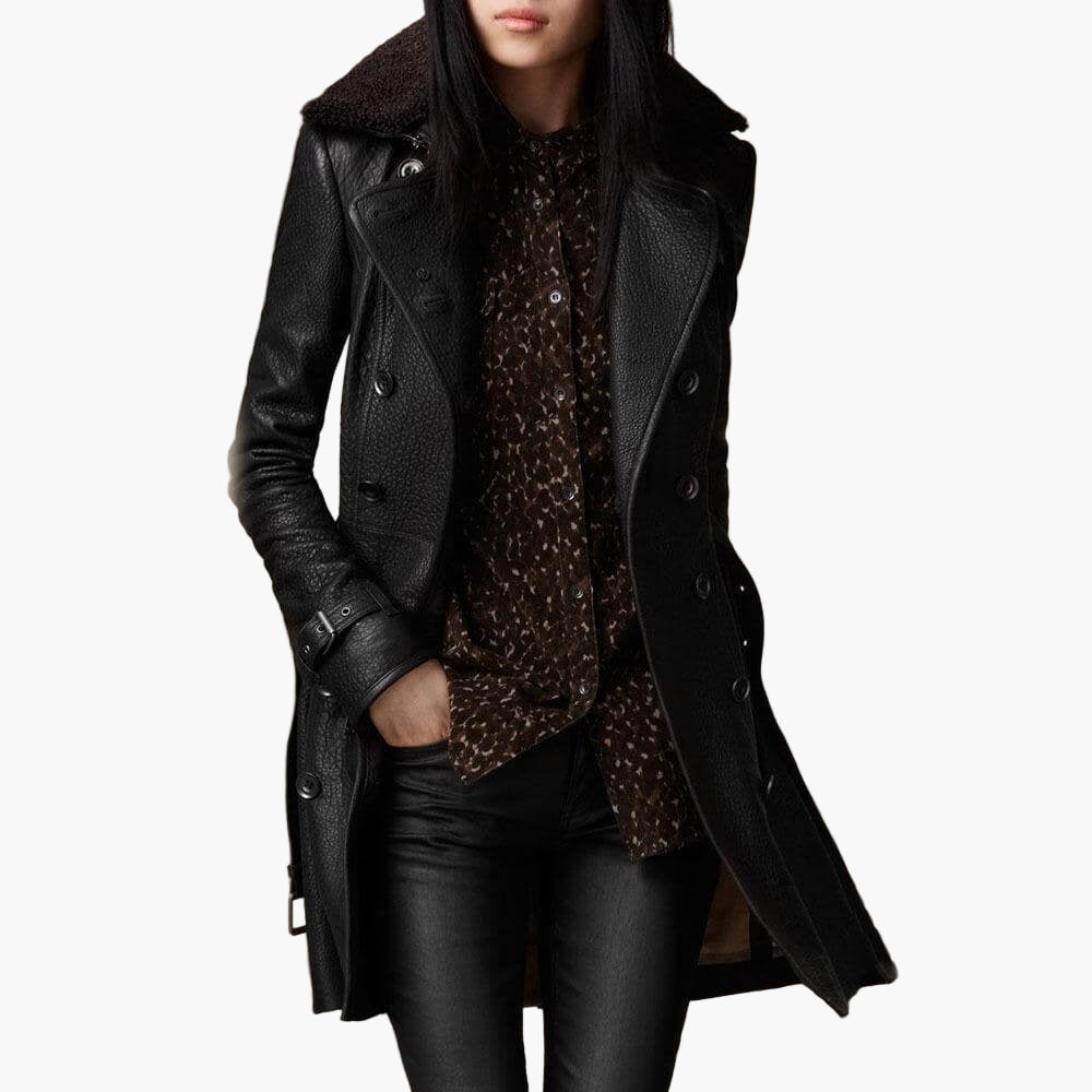Women's Luxury Leather Trench Coat - Fashionable Long Jacket for Stylish Appearance