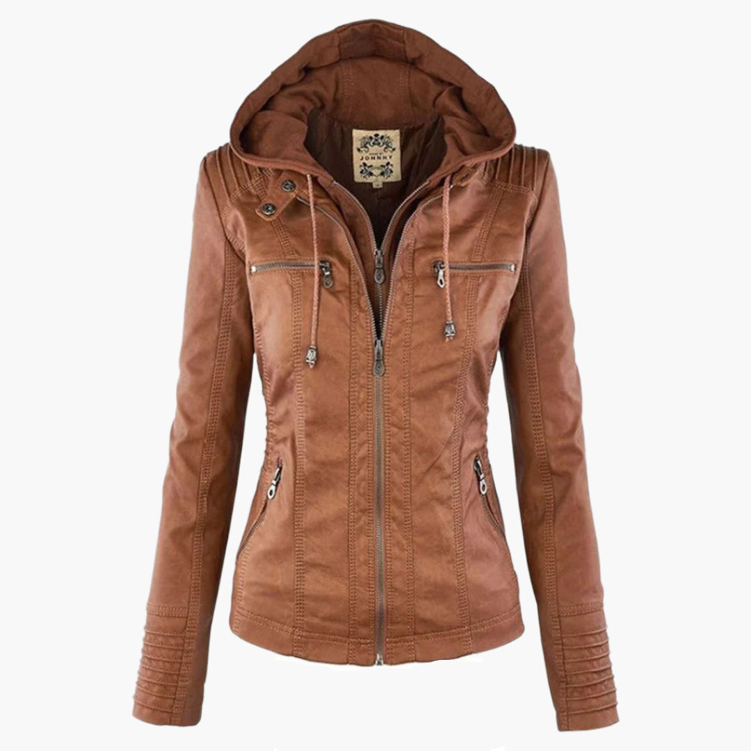 Women's Jacket with Hood – Trendy Leather Look for Autumn and Winter, Fashionable Style, Ideal for Daily Use