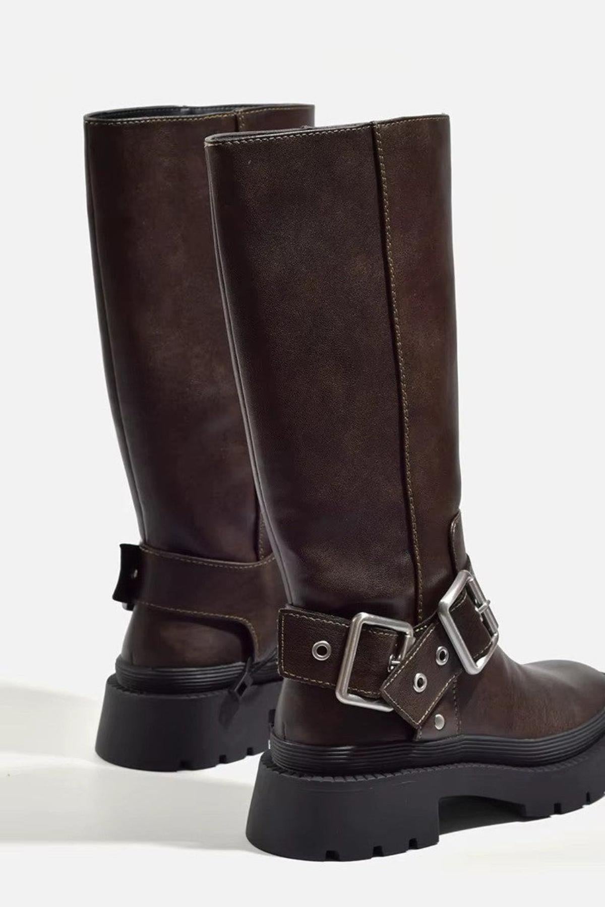 Women's Knee-High Biker Boots with Buckle and Thick Sole – Retro Style & Comfort