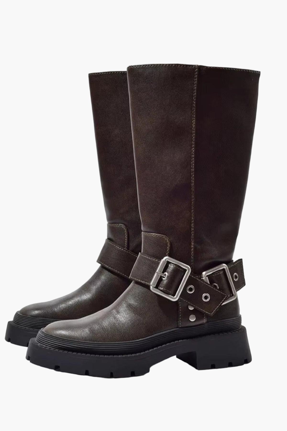 Women's Knee-High Biker Boots with Buckle and Thick Sole – Retro Style & Comfort