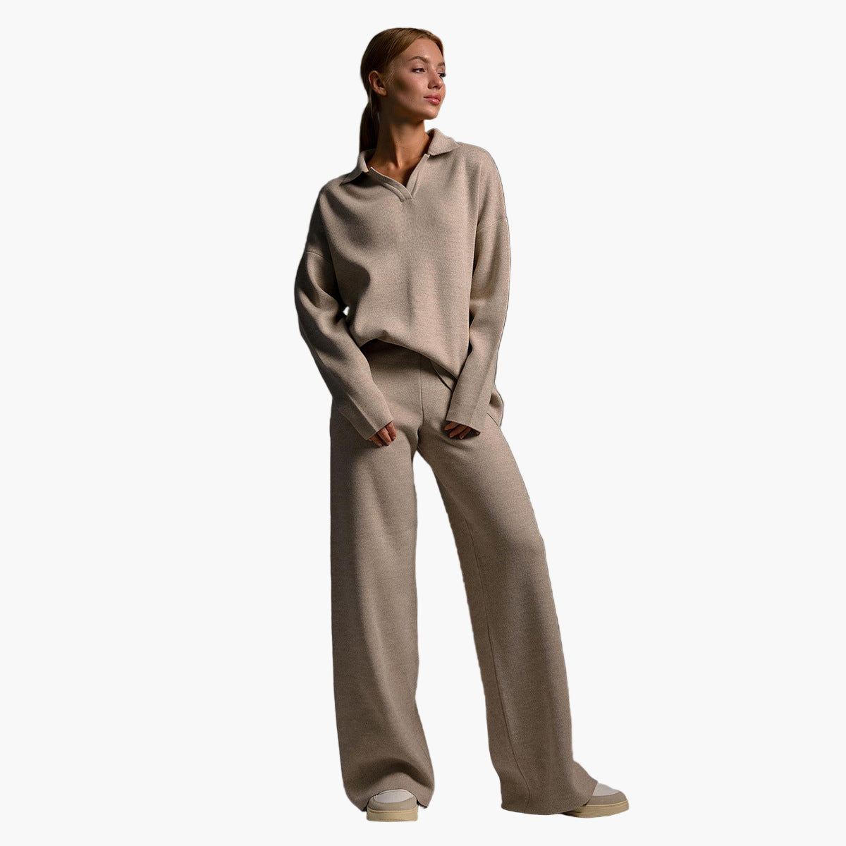 Women's Loungewear Set - Comfortable Knitted Oversized Sweater and Wide Pants - Casual Outfit