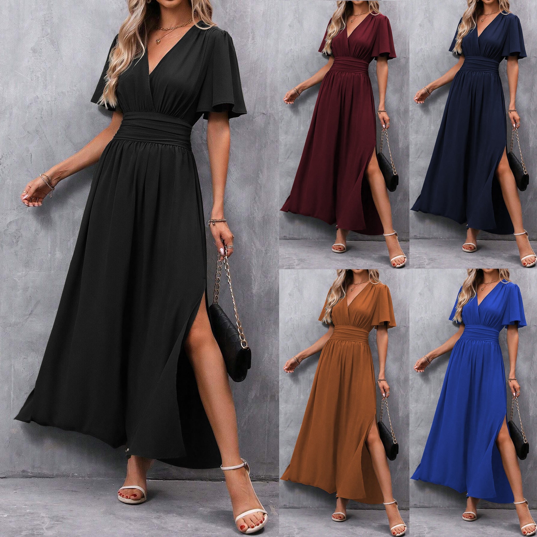 Women's Maxi Dress with V-Neck and Split – Elegant Evening Dress with Summery Flair