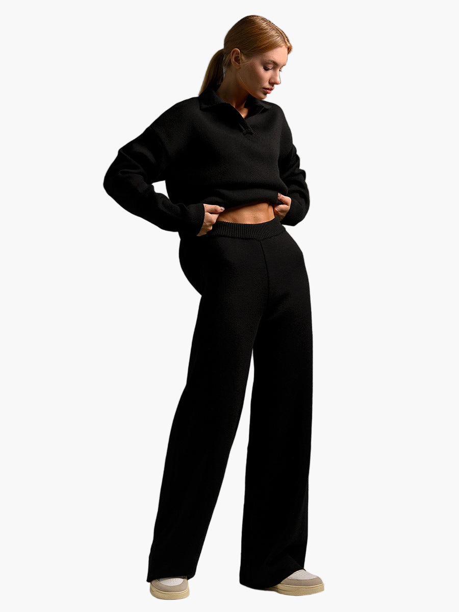 Women's Loungewear Set - Comfortable Knitted Oversized Sweater and Wide Pants - Casual Outfit