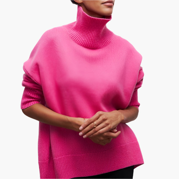 Women's Elegant Sweater with Voluminous Sleeves and High Collar – Fashionable Knitted Sweater for Stylish Looks