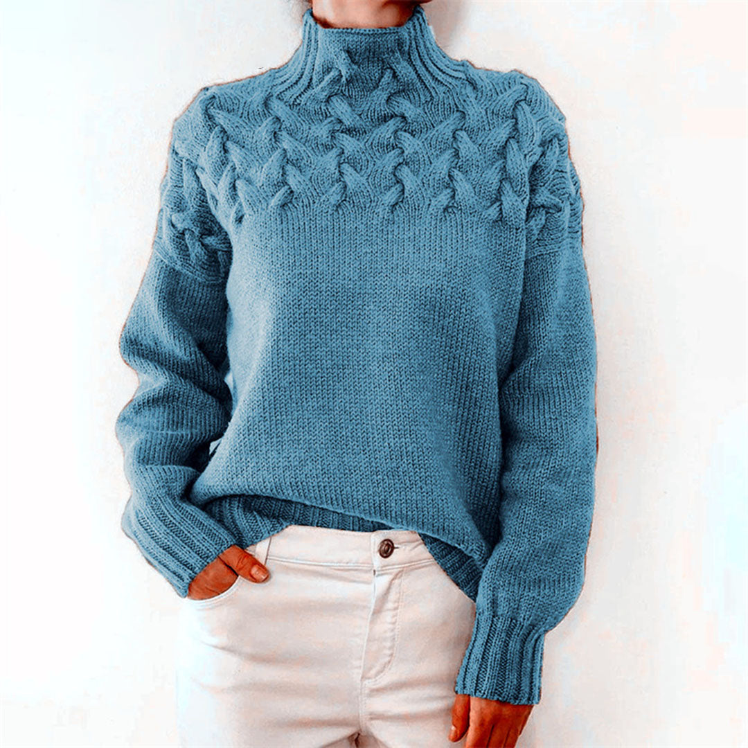Women's Knitted Turtleneck Sweater with Cable Pattern - Fashionable Warm Winter Sweater