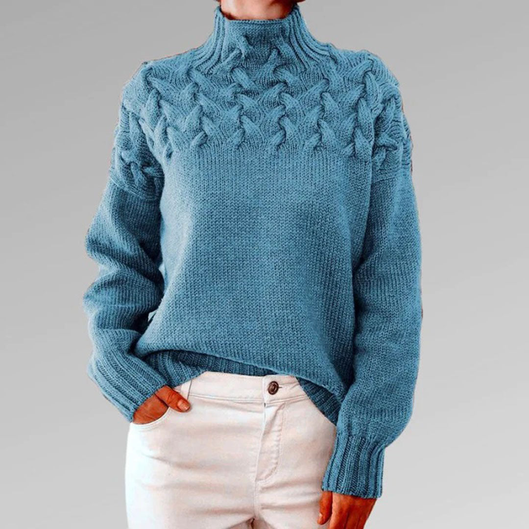 Women's Knitted Turtleneck Sweater with Cable Pattern - Fashionable Warm Winter Sweater