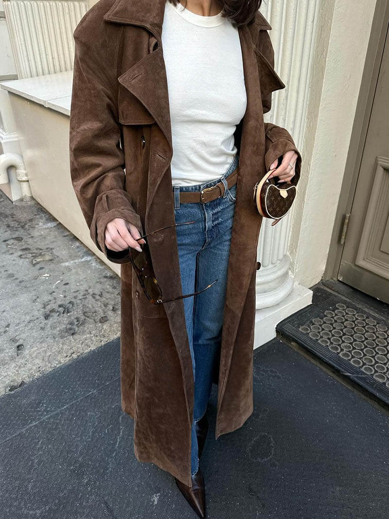 Women's Long Trench Coat Suede Style – Elegant Classic Overcoat for Comfort and Style