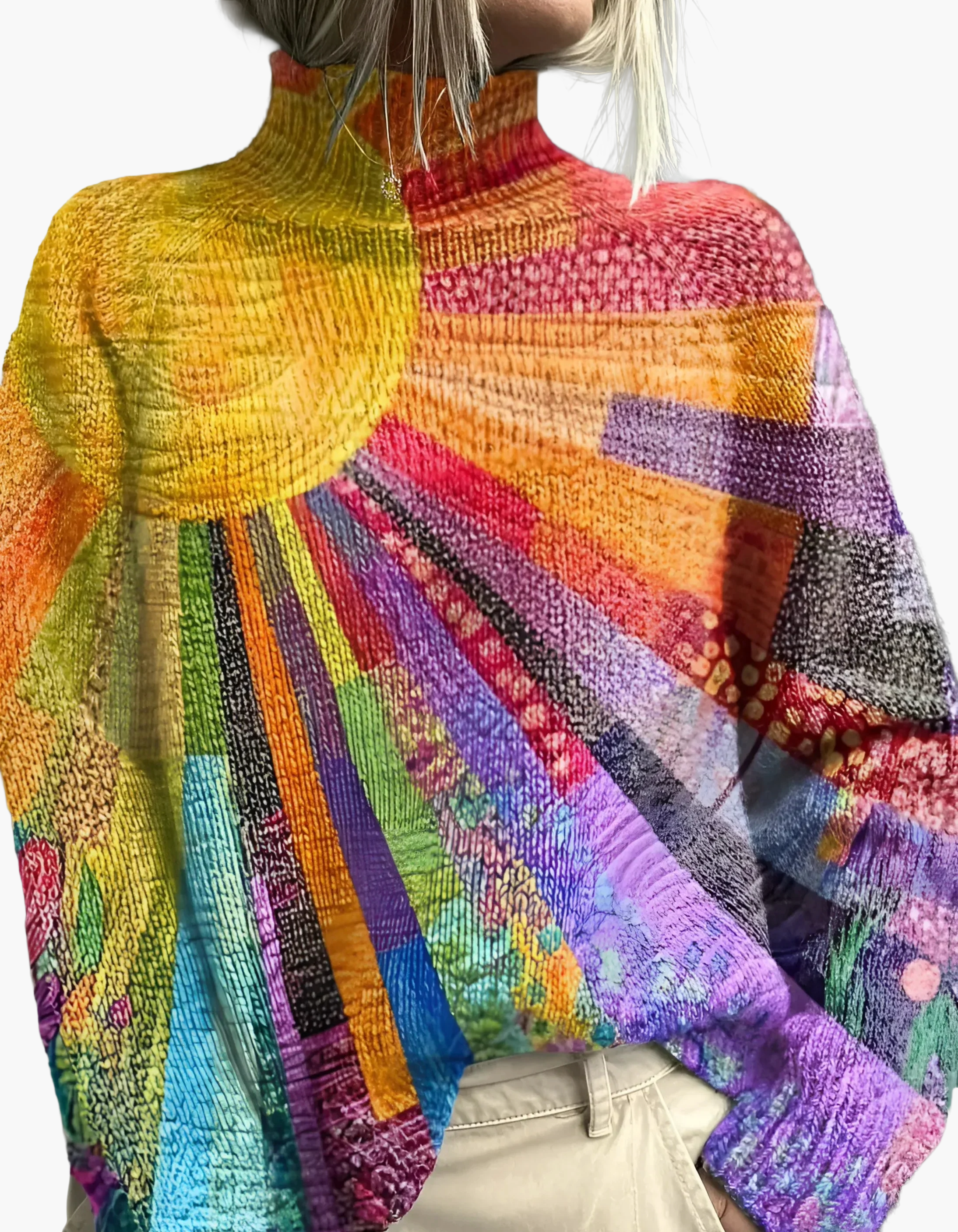 Women's Artistic Knitted Turtleneck – Comfortable and Colorful Statement Sweater for Creative Use