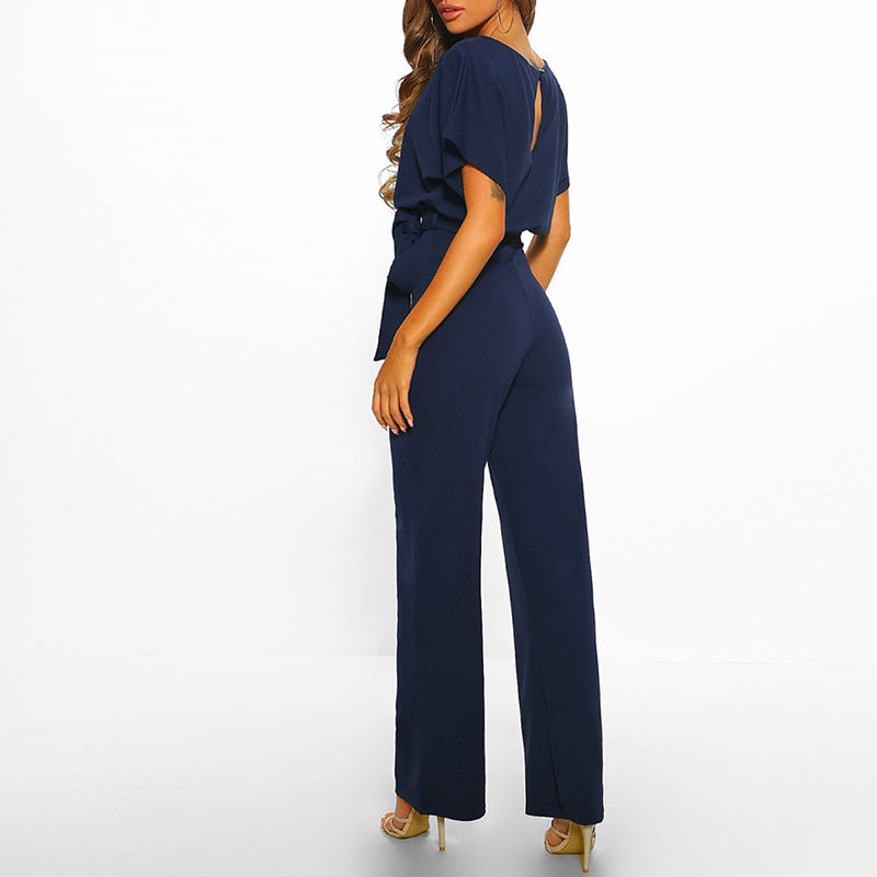 Women's elegant jumpsuit with bow belt – chic wide-leg for party and evening