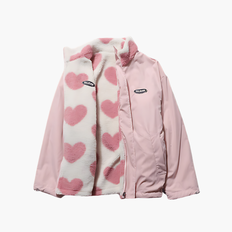 Women's Reversible Fleece Jacket with Heart Pattern – Stylish Reversible Outdoor Jacket for Comfort and Warmth