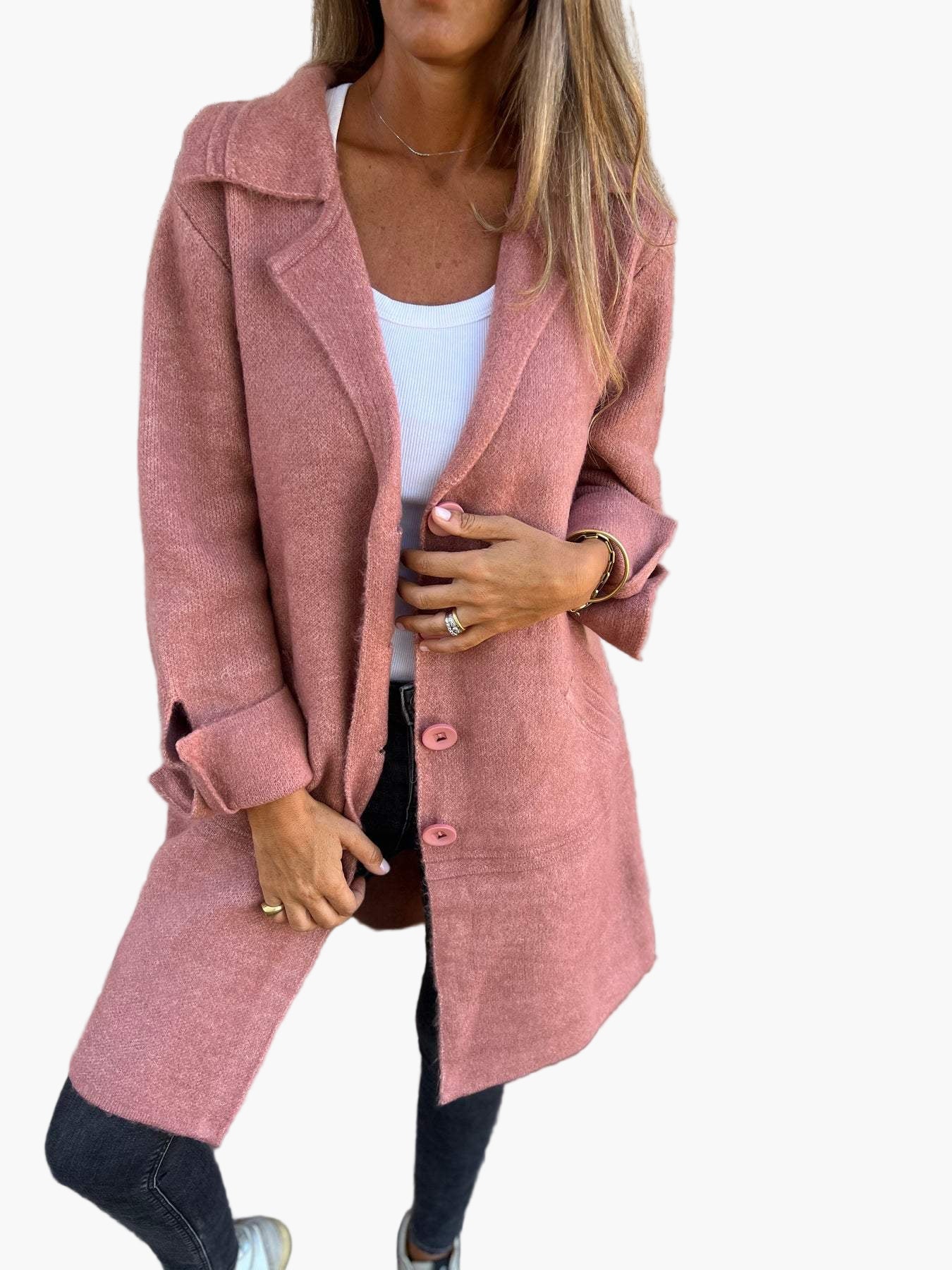 Women's Long Casual Coat With Rolled-Up Sleeves - Stylish Mid-Season Jacket For Every Occasion