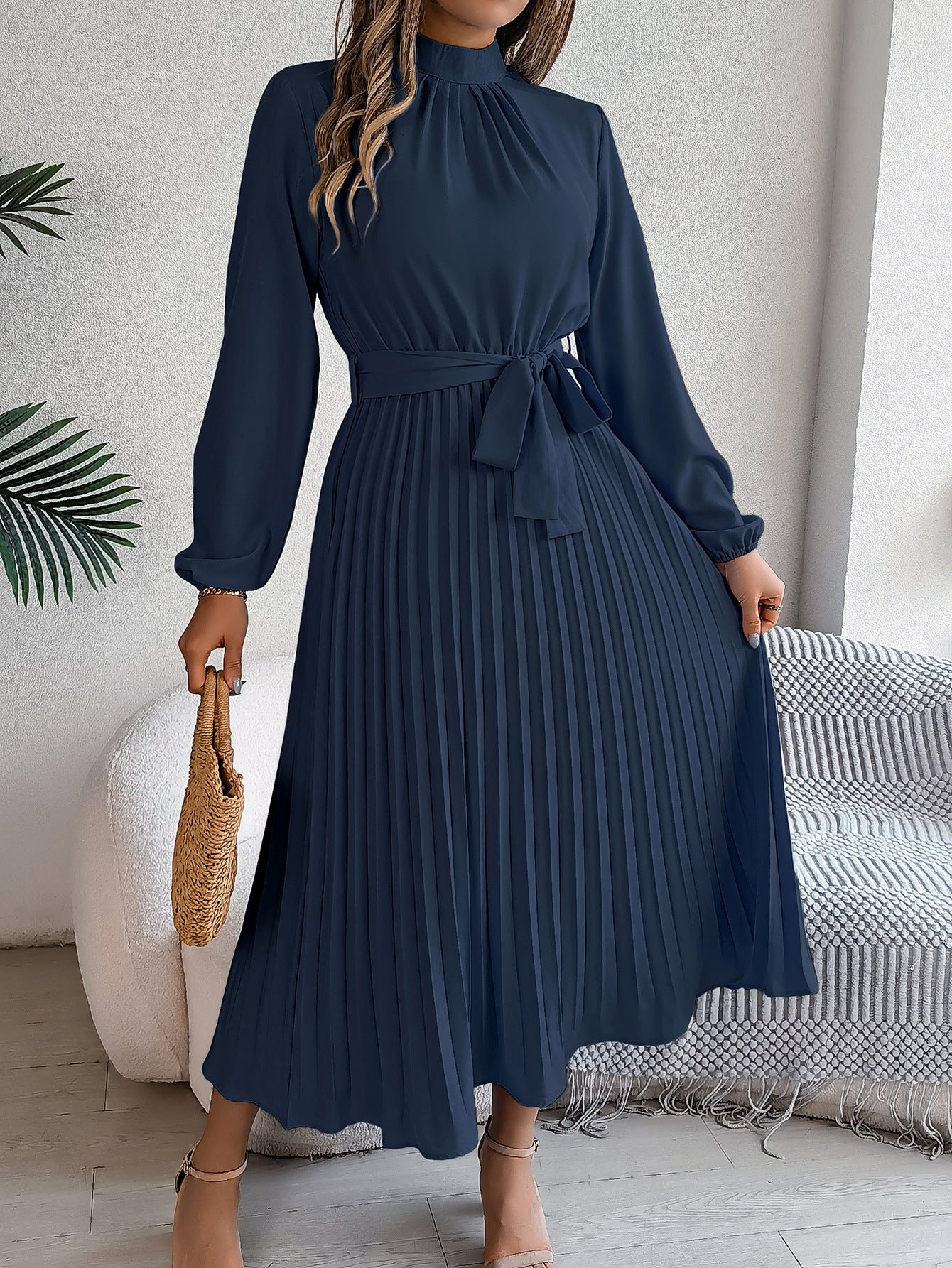 Women's Elegant Pleated Midi Dress with Bow Belt – Timeless Look for Work or Party