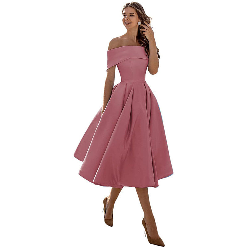 Ladies Off-Shoulder Cocktail Dress with Elegant Pleated Skirt
