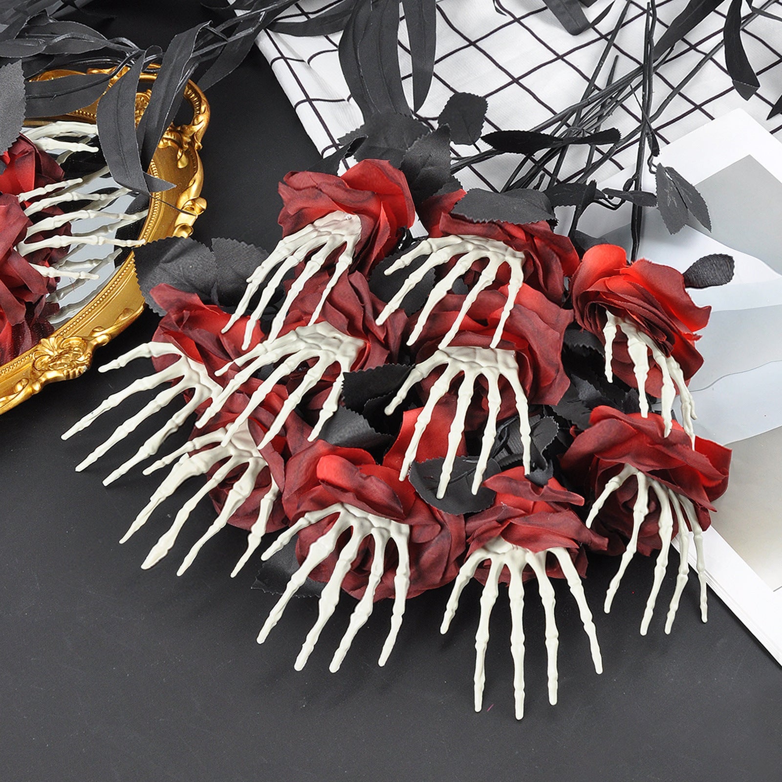 Halloween Jewelry Artificial Flower with Skeleton Hand – Creepy Decoration for Party & Celebration
