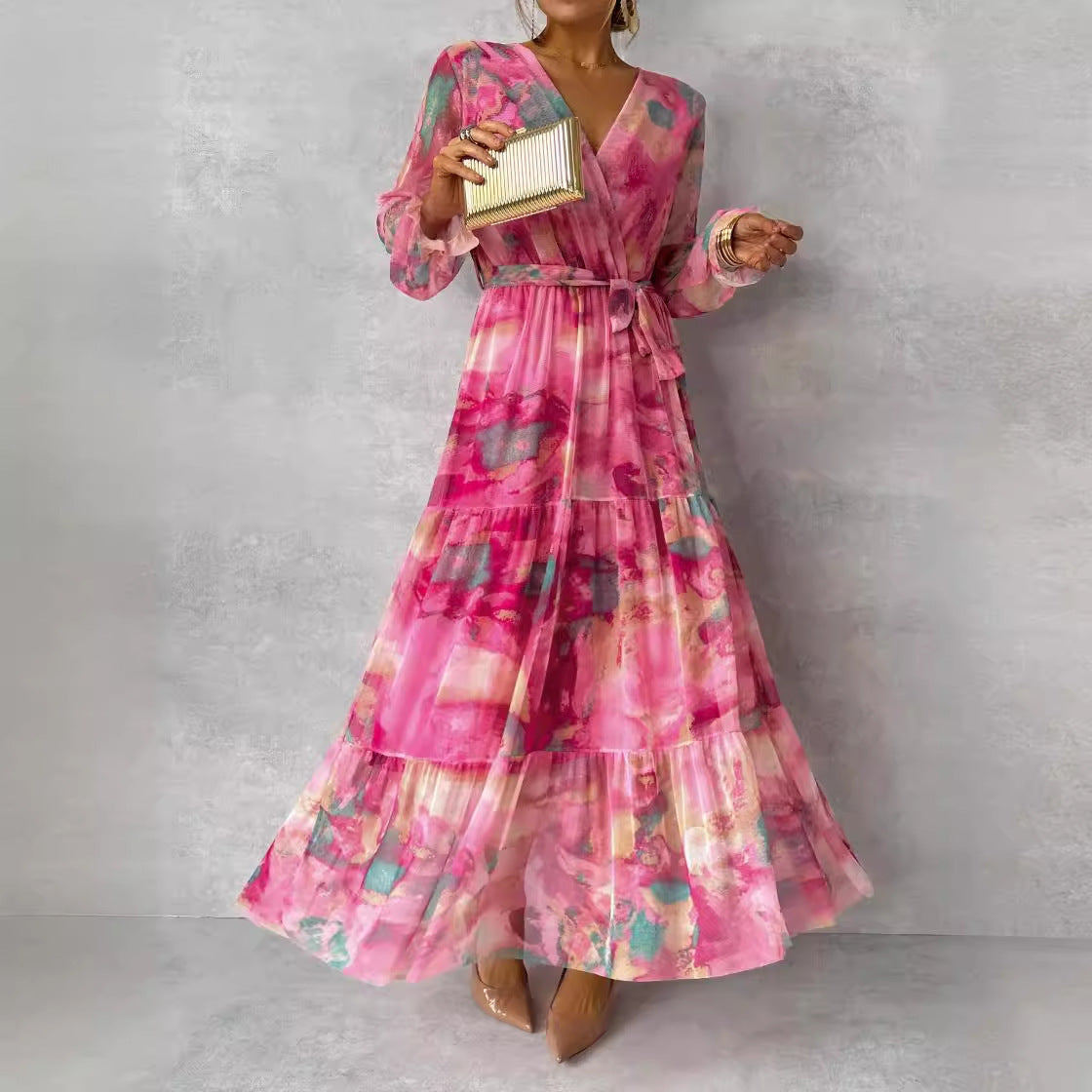 Gillian – Elegant Chiffon Dress with Drawstring and Patchwork