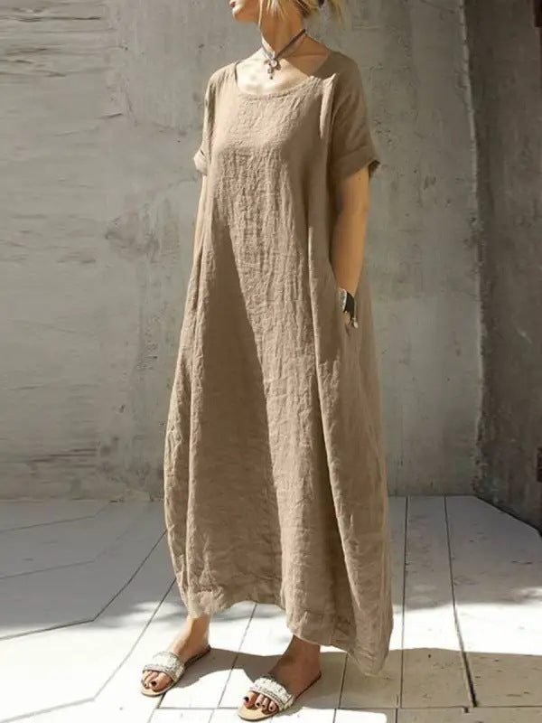 Linda – Cotton and Linen Dress with Round Neck and Short Sleeves