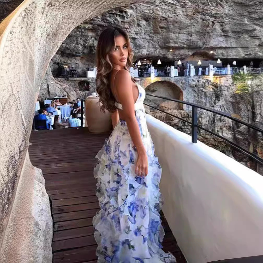 Ladies Maxi Dress Elegant Floral Print Organza Evening Dress – Chic and Romantic for Party and Special Occasions