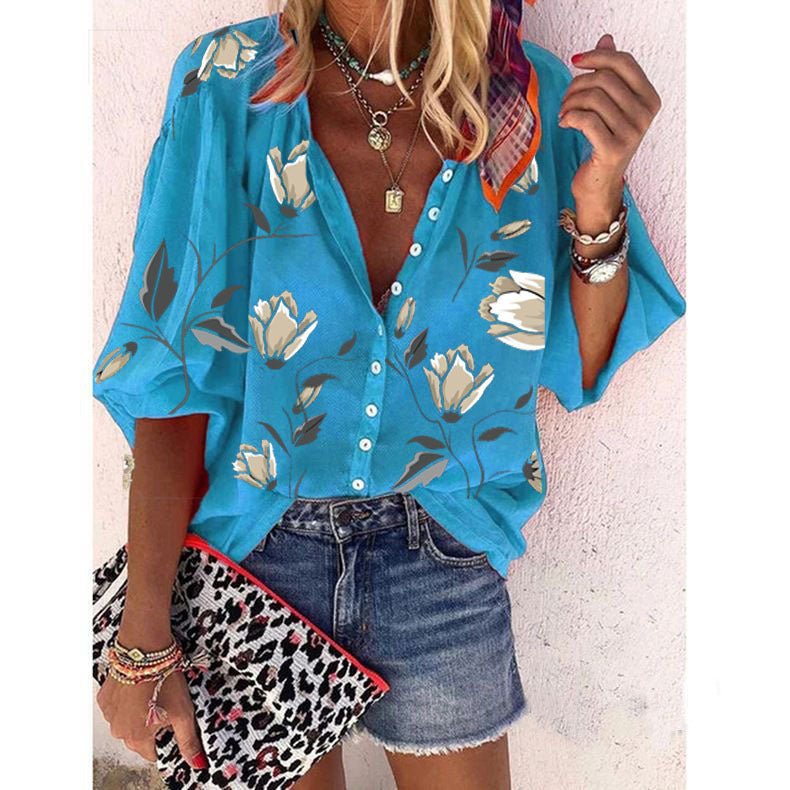 Women's Loose-Fitting Floral Blouse with Button Closure – Casual Boho Summer Look