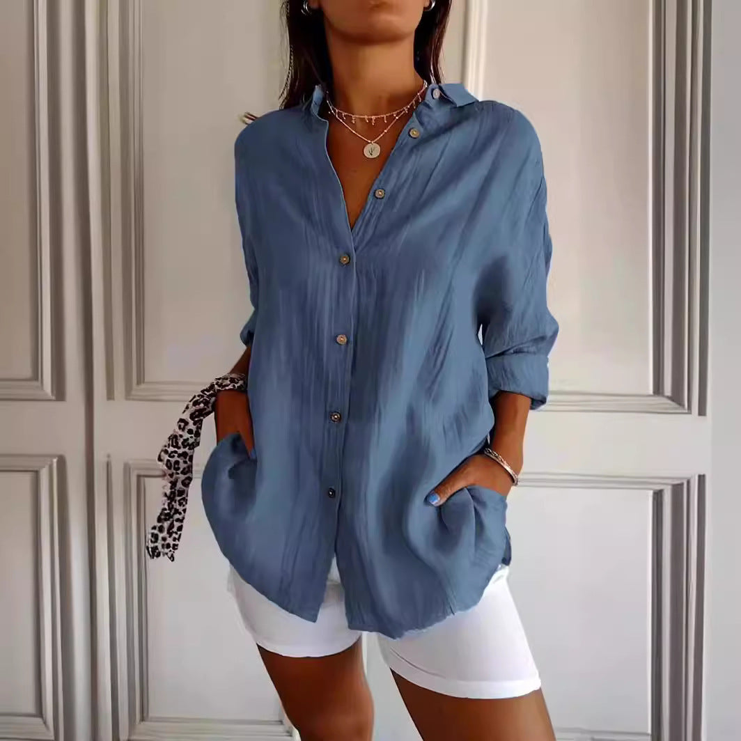 Women's blouse with long sleeves – loose-fitting button-down tunic top for daily use