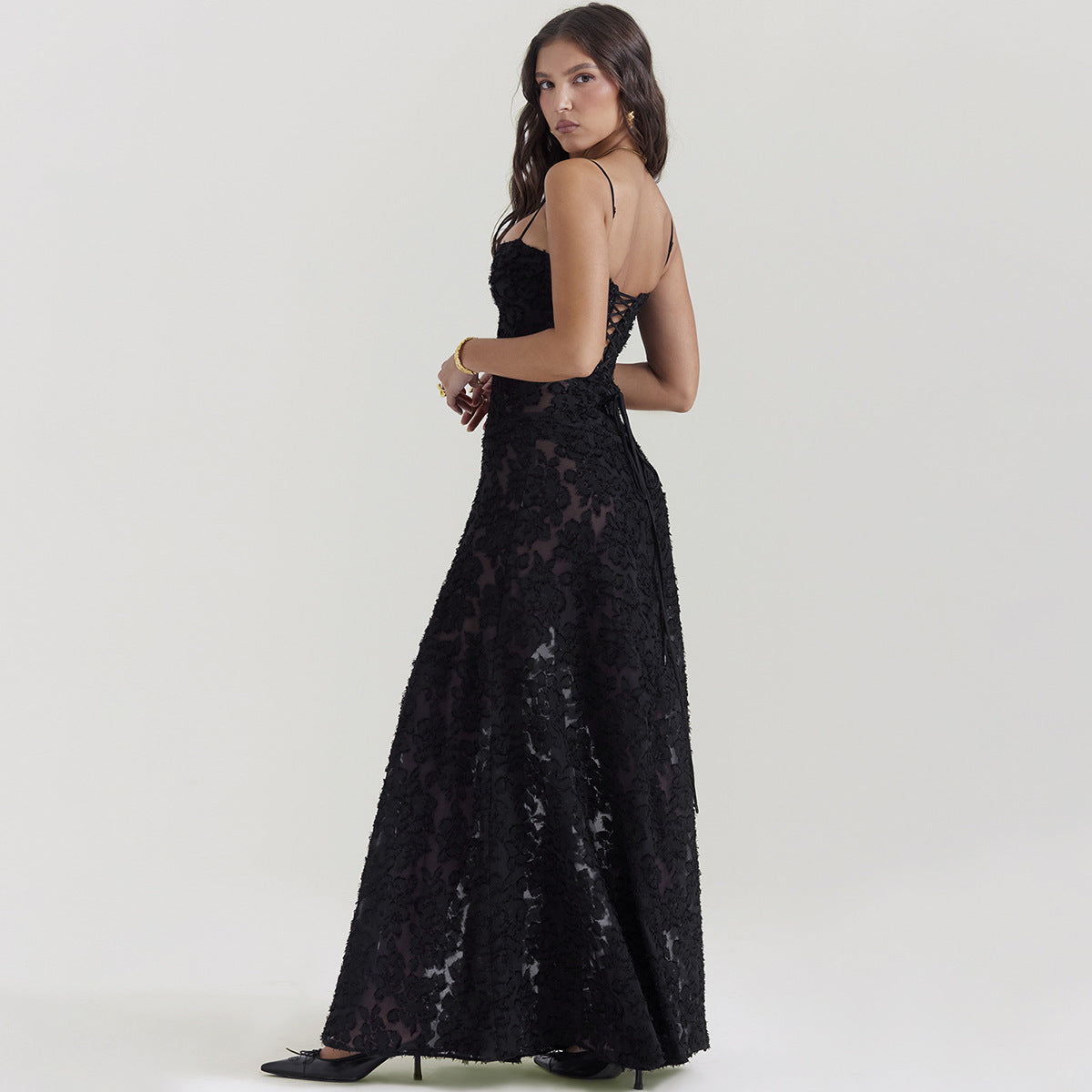 Ladies Elegant Evening Dress with Lace – Long Gala Dress with Spaghetti Straps