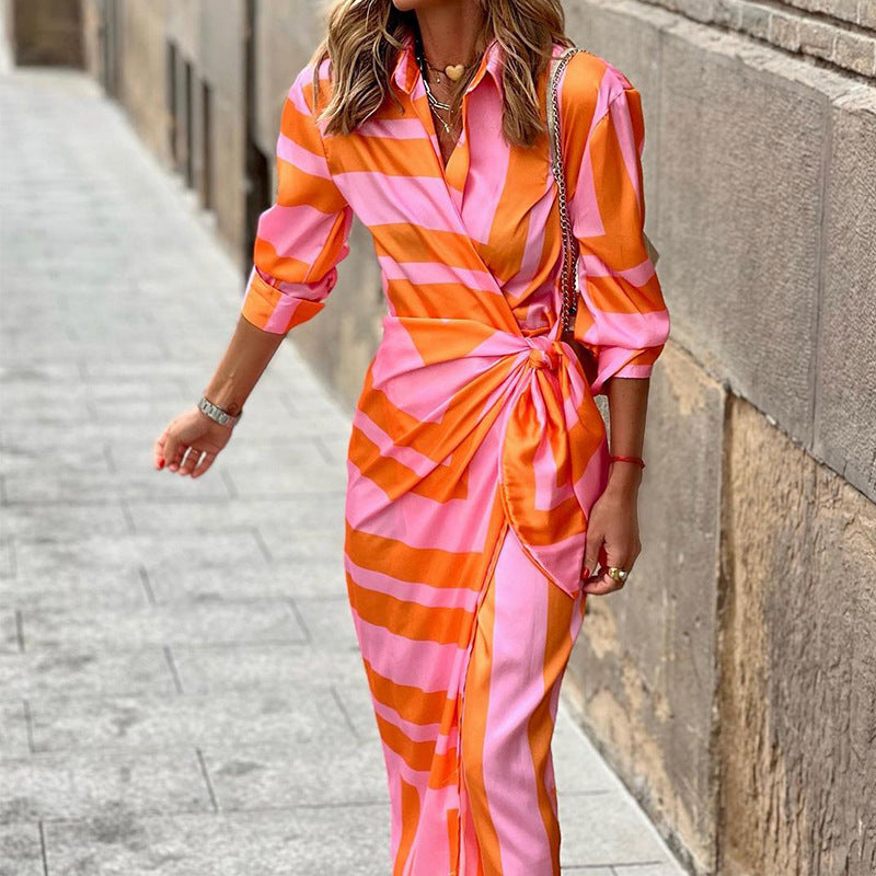 Stylish women's wrap dress with bow detail and long sleeves for summer