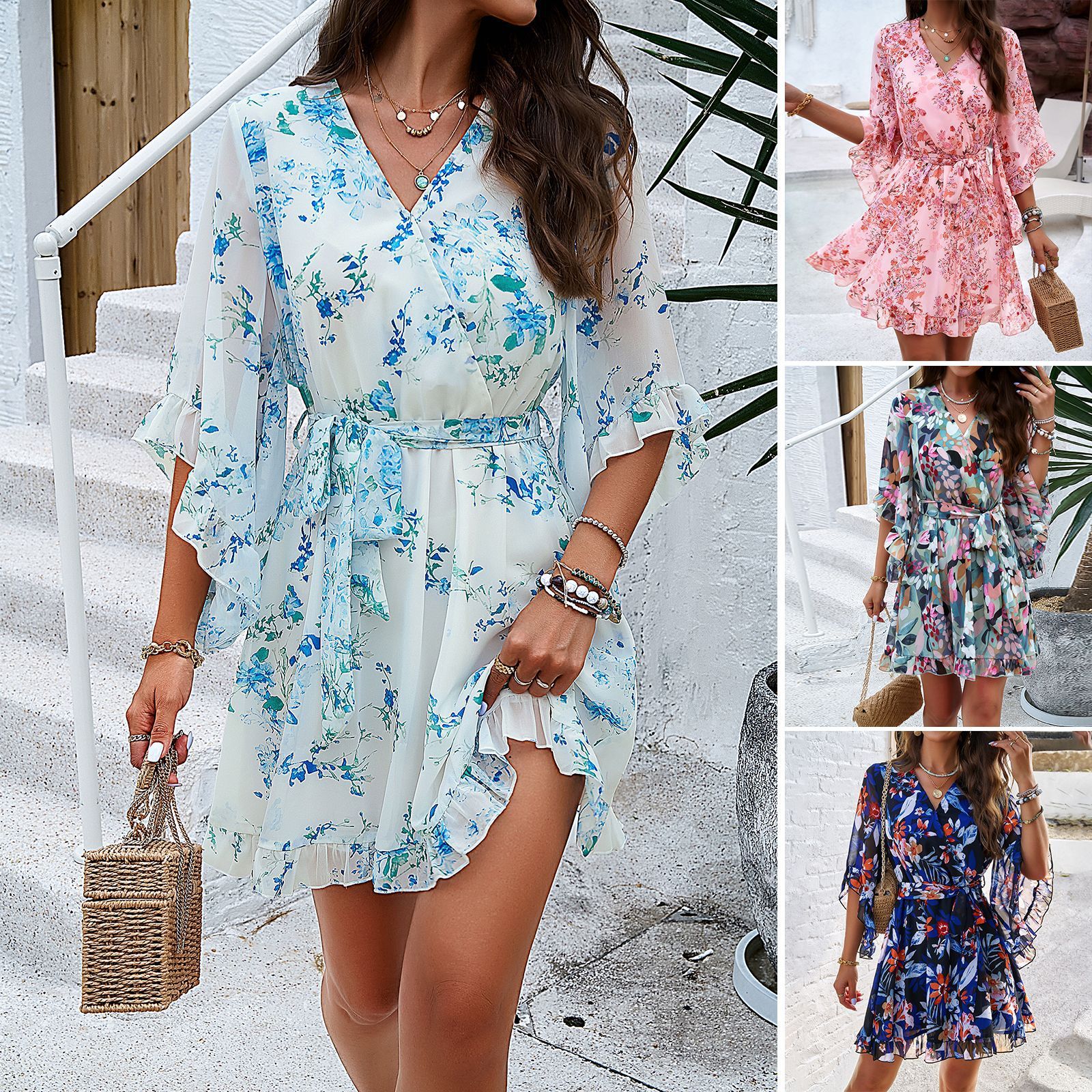 Ladies Boho Summer Dress with Ruffles and Tie Belt – Elegant Casual Style