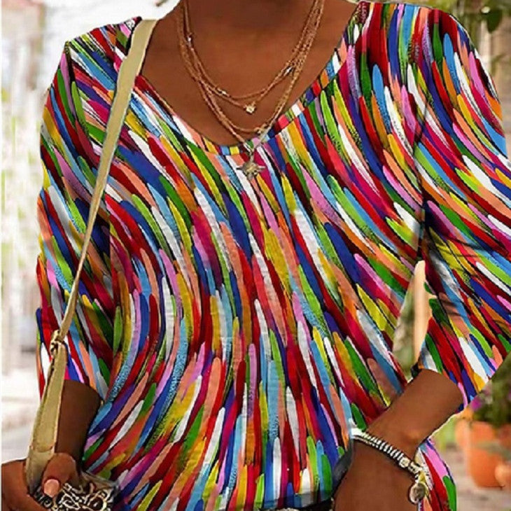 Women's Artistic Retro Geometric Pullover Top – Comfortable Stylish Blouse for Leisure Time