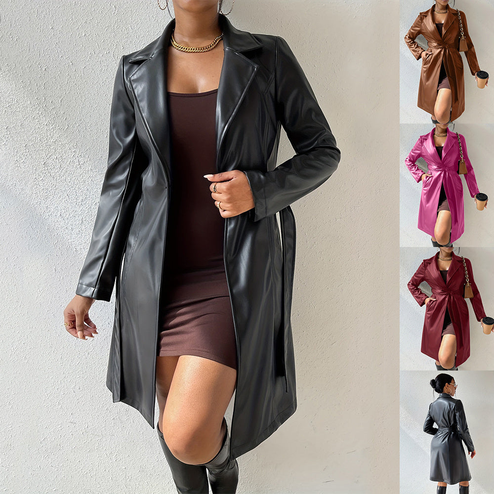 Megan – Long Trench Coat with Vegan Leather and Pockets