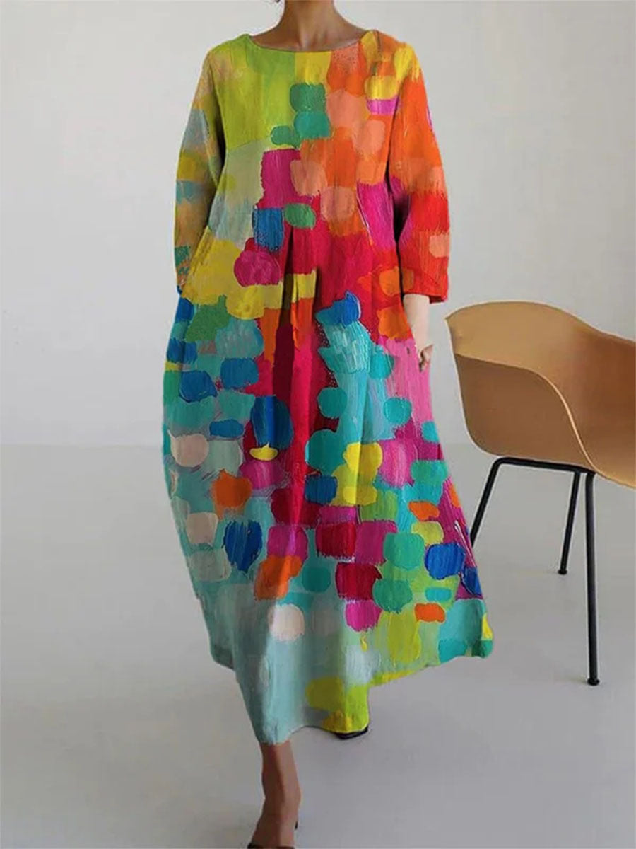 Bohemian Ladies Summer Dress with Loose Fit and 3D Floral Print in Linen Look