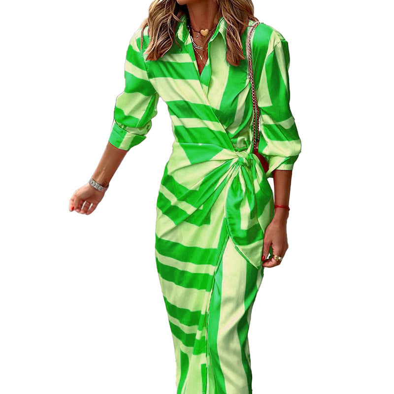 Stylish women's wrap dress with bow detail and long sleeves for summer