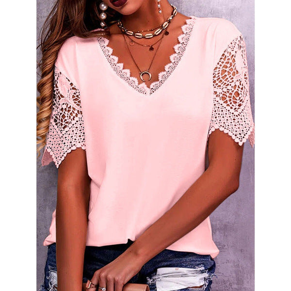 Women's Top with Lace Details – Elegant Summer Blouse with V-Neck