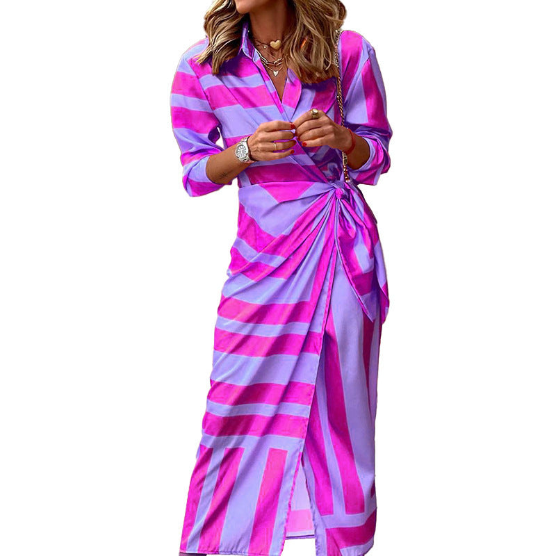 Stylish women's wrap dress with bow detail and long sleeves for summer