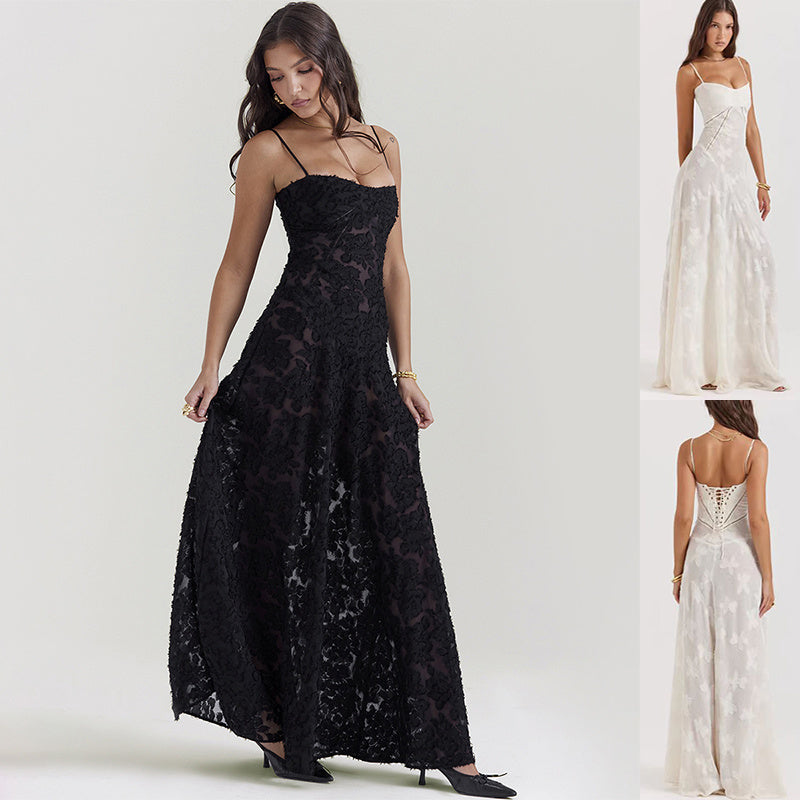 Ladies Elegant Evening Dress with Lace – Long Gala Dress with Spaghetti Straps