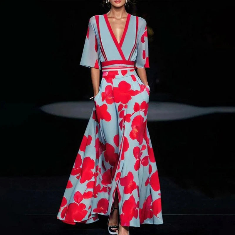 Women's Elegant Jumpsuit with Floral Print – V-Neck & Wide Legs for Summer Chic