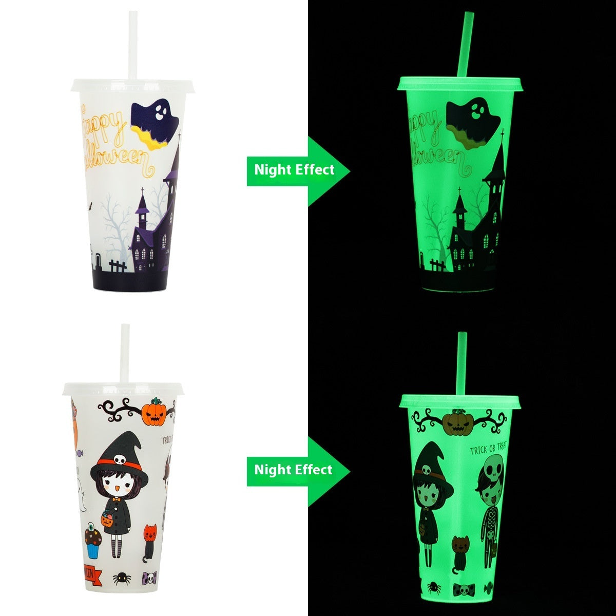 Halloween Glow in the Dark Drink Cups with Straw – Perfect for Party Decoration & Spooky Drinks
