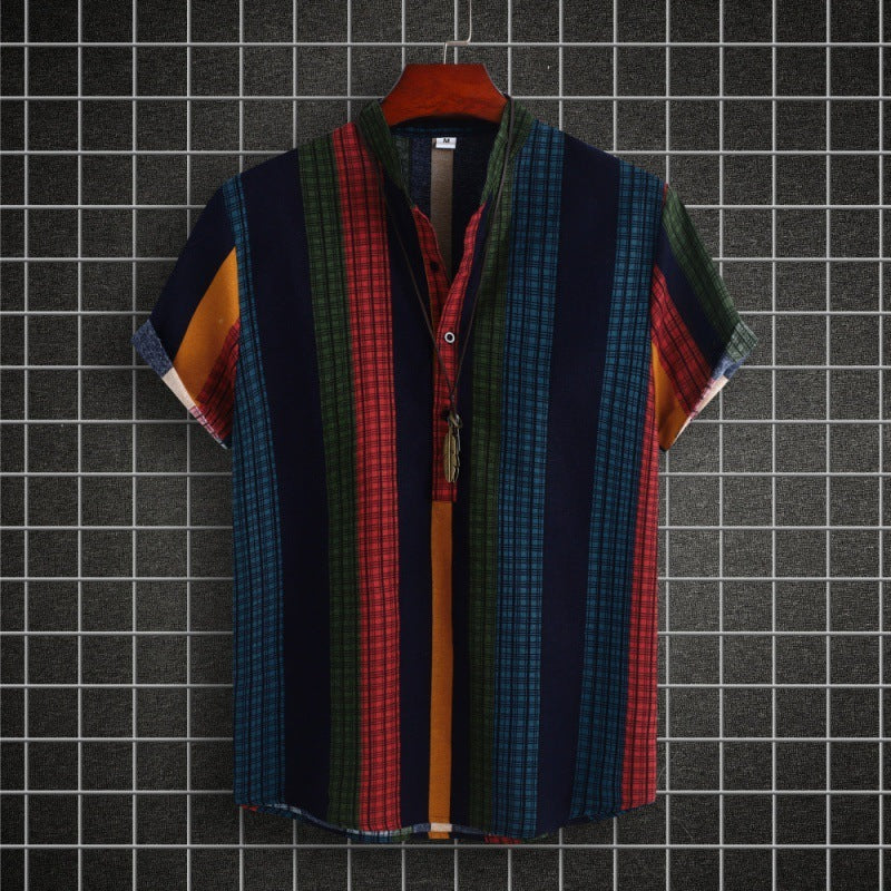 Cameron – Ethnic Style Striped Cotton-linen Shirt with Standard Collar