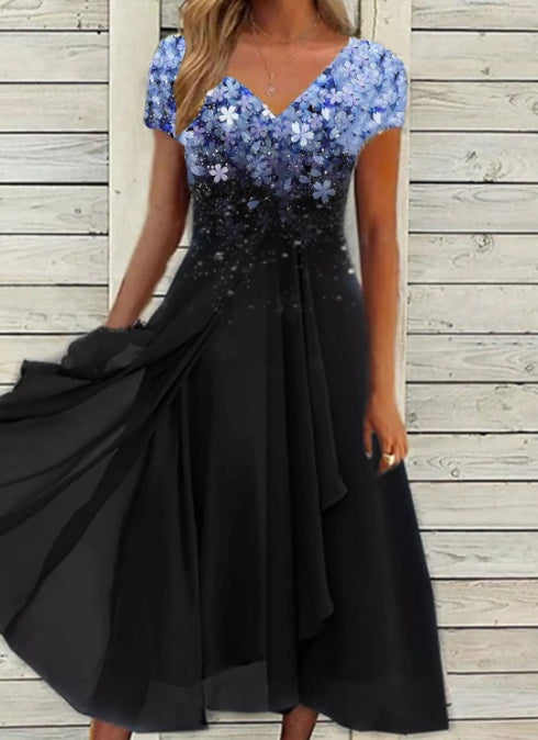 Ladies Elegant Evening Dress with Flower Detail and V-Neck