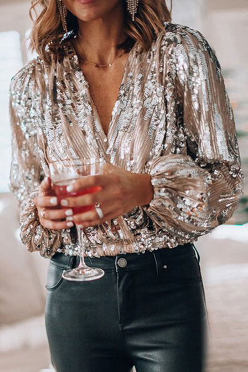 Ladies Sequin Blouse Luxury Party Chic Slim Fit V-Neck Top