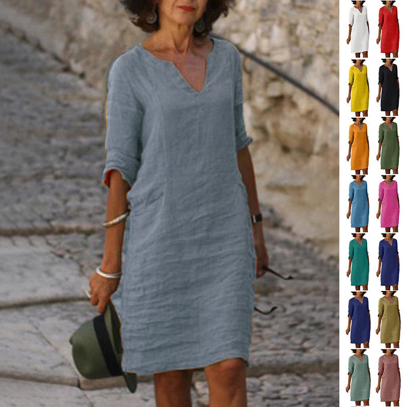 Women's casual dress with V-neck and 3/4 sleeves – Comfortable and stylish for daily use