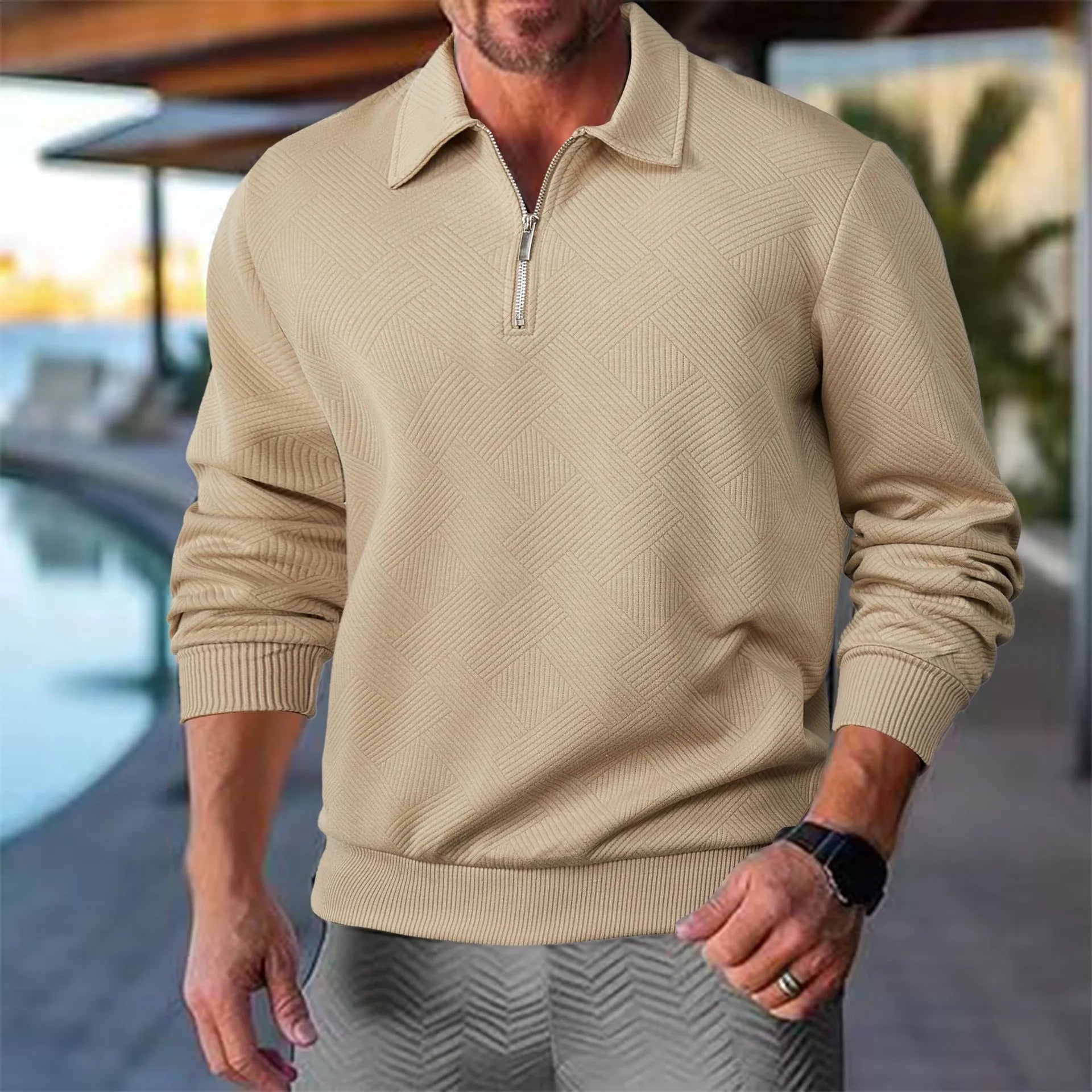 Heren Sweater met Geometrisch Patroon en Kwartrits – Casual Vintage Stijl