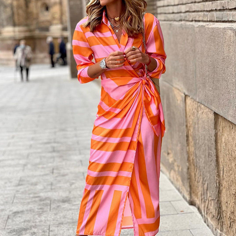 Stylish women's wrap dress with bow detail and long sleeves for summer