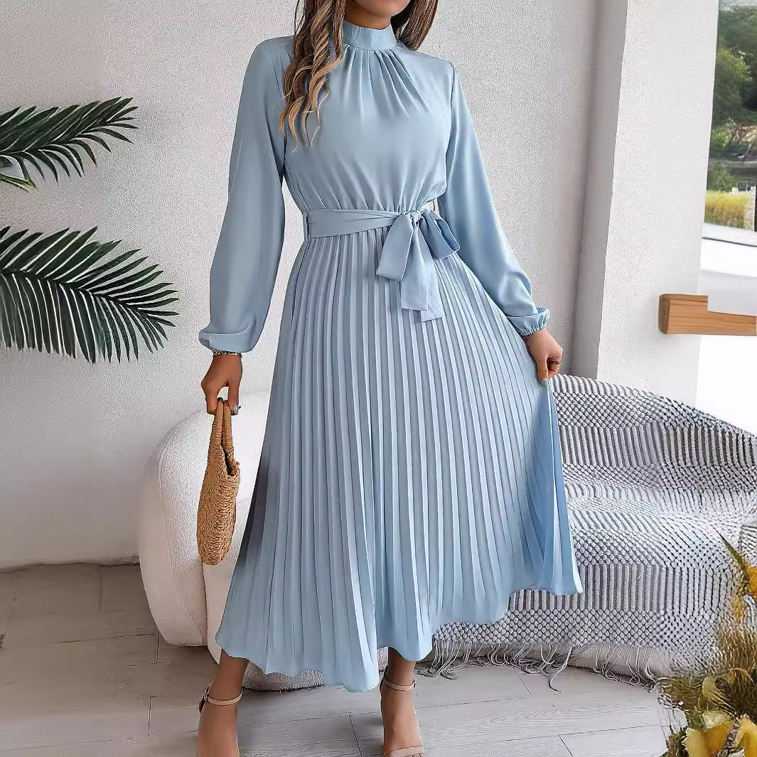 Women's Elegant Pleated Midi Dress with Bow Belt – Timeless Look for Work or Party