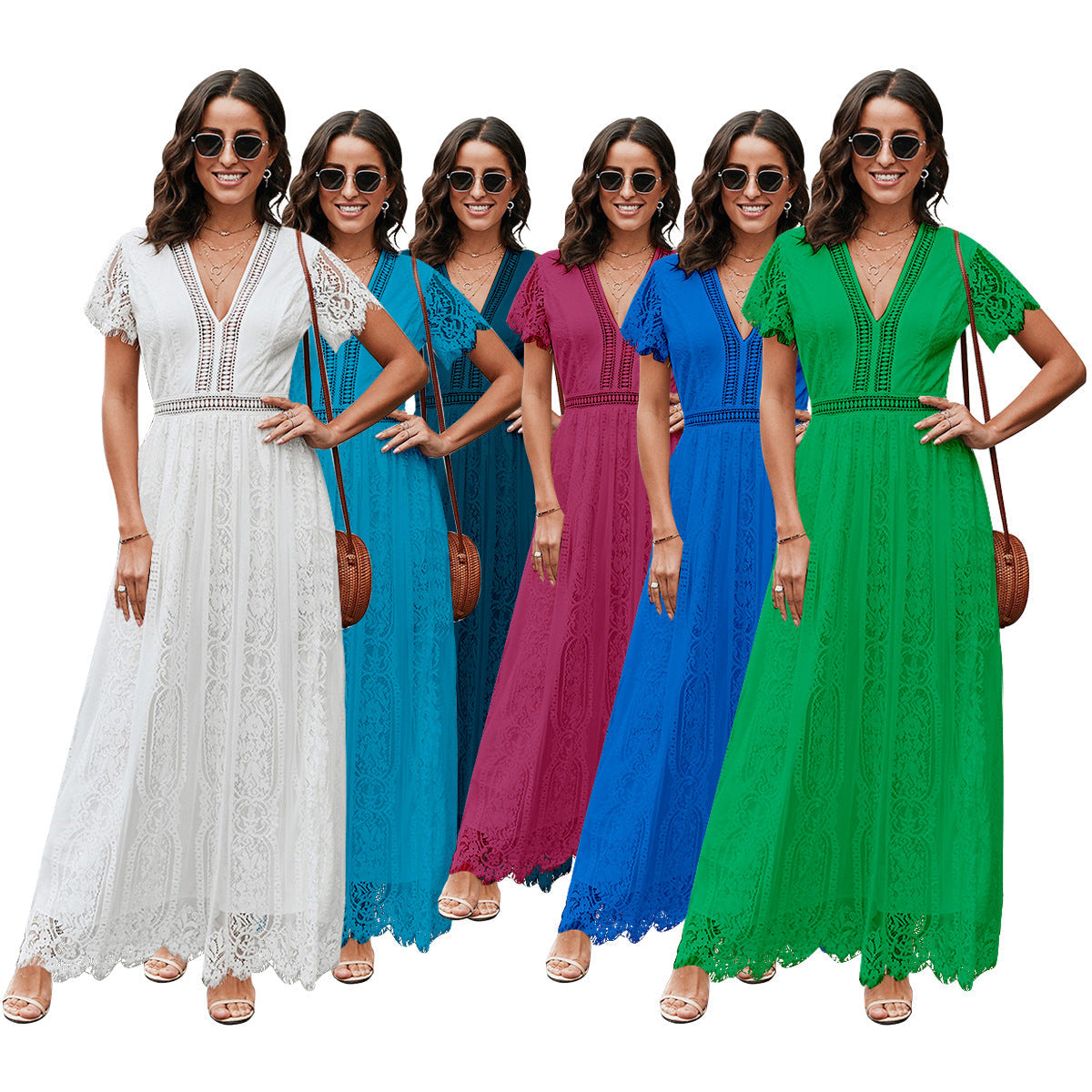 Amelia – Elegant Long Dress with Lace and Short Sleeves