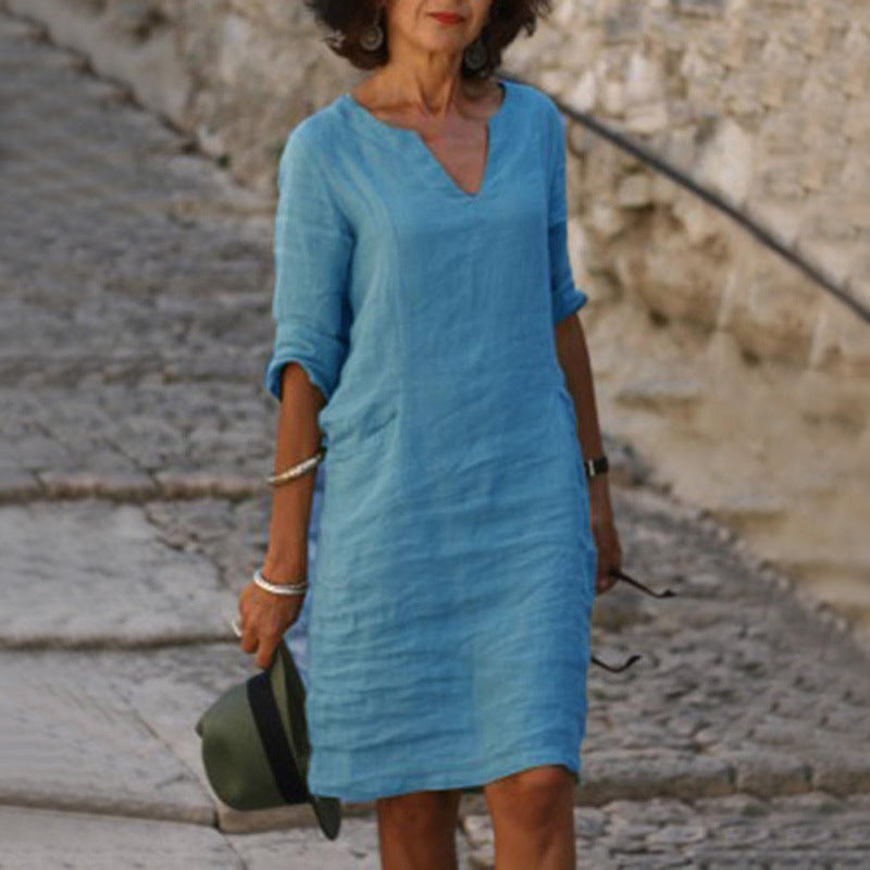 Women's casual dress with V-neck and 3/4 sleeves – Comfortable and stylish for daily use